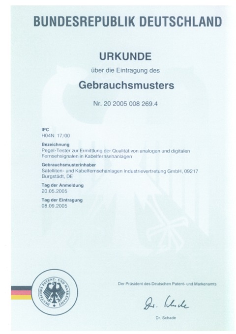 Gebrauchsmuster für Pegel-Tester zur Ermittlung der Qualität von analogen und digitalen Fernsehsignalen in Kabelfernsehanlagen